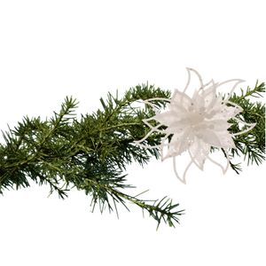 Kerstboomversiering bloem op clip - wit - 14 cm - glitters - kunststof