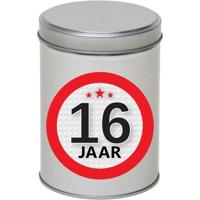 Cadeau Snoepblik - 16 jaar verjaardag - 9 x 13 cm - Cadeauverpakking- metaal - met leeftijd sticker