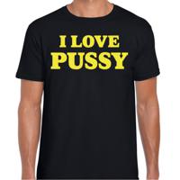 Foute party t-shirt heren - I love Pussy - zwart - glitter geel - carnaval/themafeest - thumbnail