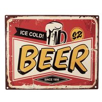 Clayre & Eef Tekstbord 25x20 cm Rood Geel Ijzer Ice cold Beer Wandbord Rood Wandbord