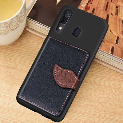 Litchi patroon kaart tas portemonnee beugel + TPU telefoon geval met kaartsleuf portemonnee beugel functie voor Galaxy A30 (zwart)