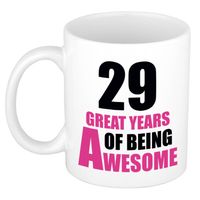 29 great years of being awesome cadeau mok / beker wit en roze - verjaardagscadeau 29 jaar - feest mokken