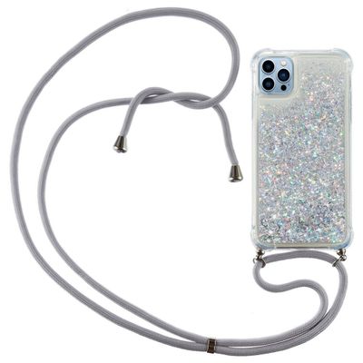 Lunso - Backcover hoes met koord - iPhone 14 Pro Max - Glitter Zilver