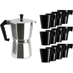Aluminium moka/koffiemaker met 12x zwarte kopjes