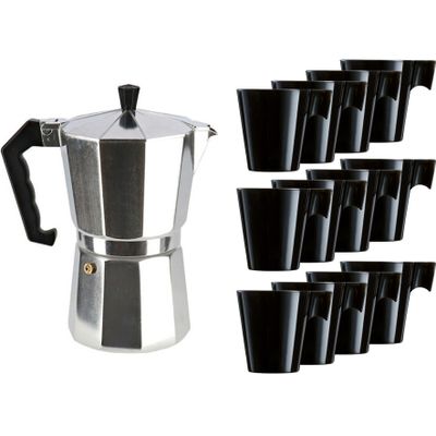 Aluminium moka/koffiemaker met 12x zwarte kopjes