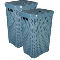 Wasmand met deksel Rotan - 2x - denim blauw - gevlochten kunststof - 60 liter - 34 x 43 x 62 cm