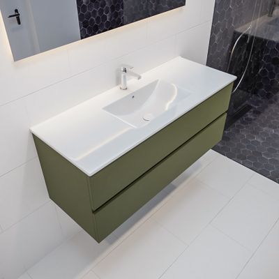 Mondiaz Vica Denia badmeubel groen mat 120 cm 2 lades keramiek enkele spoelbak midden 1 kraangat