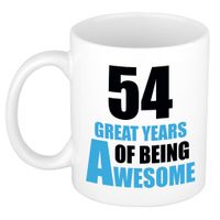 54 great years of being awesome cadeau mok / beker wit en blauw - thumbnail