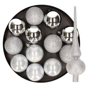 12x stuks kunststof kerstballen 6 cm inclusief glitter piek zilver