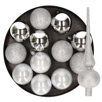 12x stuks kunststof kerstballen 6 cm inclusief glitter piek zilver - thumbnail