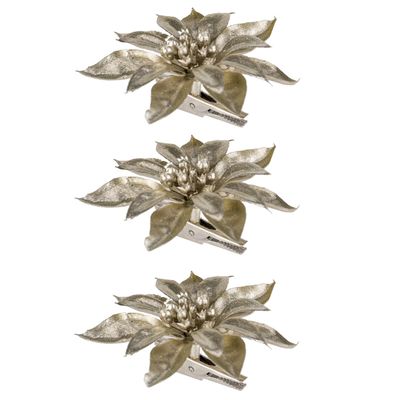 8x stuks decoratie bloemen kerstster champagne glitter op clip 9 cm