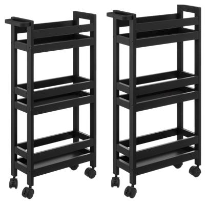 Keuken of badkamer trolley 3-laags -2x - zwart - d15 x b40 x h75 cm - mdf hout - met wielen