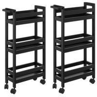Keuken of badkamer trolley 3-laags -2x - zwart - d15 x b40 x h75 cm - mdf hout - met wielen