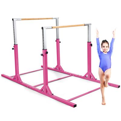 Parallel Gymnastiekrek Dubbele Horizontale Rekstok in Breedte Verstelbaar Hoogte 11 Niveaus Trainingsrek voor 6 tot 12 Jaar Roze