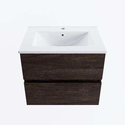 MONDIAZ VICA 60cm badmeubel onderkast Dark Brown 2 lades. Wastafel DENIA midden 1 kraangat, kleur Glanzend Wit.