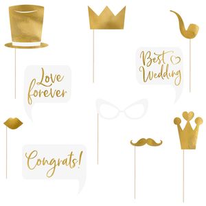 PartyDeco foto prop set Gold - Bruiloft - goud/wit - set 10x stuks - 7-22 cm   -