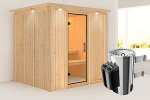 Karibu | Daria Sauna met Dakkraag | Helderglas Deur | Kachel 3,6 kW Geïntegreerde Bediening