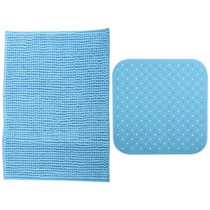 MSV Douche anti-slip mat en droogloop mat - Sevilla badkamer set - rubber/microvezel - lichtblauw