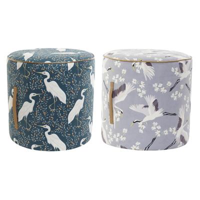 Voetensteun DKD Home Decor Blauw Wit Groen Hout Fluweel Vogel Orientaals 35 x 35 x 35 cm (2 Stuks)