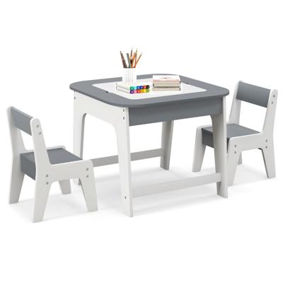 Kindertafel met 2 Stoelen 3-Delige Houten Kinderzitgroep met Dubbelzijdig Tafelblad 3-In-1 Tekentafel & Knutseltafel Activiteitentafel Grijs