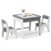 Kindertafel met 2 Stoelen 3-Delige Houten Kinderzitgroep met Dubbelzijdig Tafelblad 3-In-1 Tekentafel & Knutseltafel Activiteitentafel Grijs