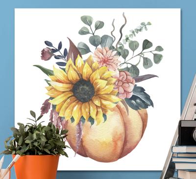 Canvas schilderij stilleven en fruit Dode zonnebloem en pompoen