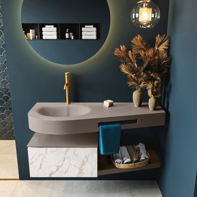 MONDIAZ RIVA 120cm badmeubel onderkast / planchet kleur carrara met 1 lade. Wastafel DULCET links 1 kraangat kleur Smoke. MONDIAZ RIVA 120cm badmeubel onderkast / planchet kleur carrara met 1 lade. Wastafel DULCET links 1 kraangat kleur Smoke.