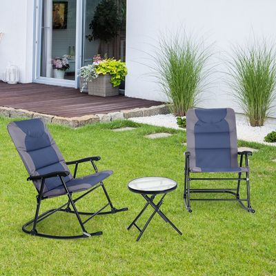 3 Set Opvouwbare Bistro Buiten Schommelstoelen met Ronde Tafel Opvouwbare Stoelen met Glazen Salontafel Gevoerde Stoel Blauw + Grijs