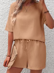 Loose Casual Plain Crew Neck Two-Piece Set