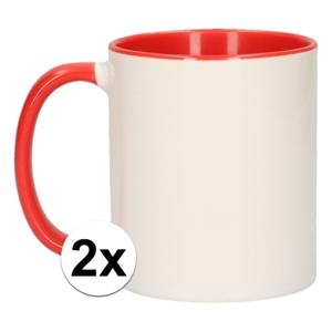 Koffiemok / thee beker - 2x - 300 ml - Wit/rood - Cadeau mokken - keramiek