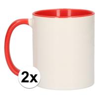 Koffiemok / thee beker - 2x - 300 ml - Wit/rood - Cadeau mokken - keramiek