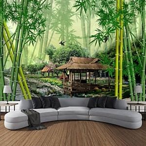 mooi groen wandtapijt bamboe houten brug planten natuurlijk landschap kunst decoratie tapijt gordijn opknoping thuis slaapkamer woonkamer decoratie Lightinthebox