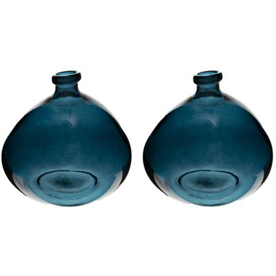 Bloemenvaas - 2x - Organische bol fles vorm - blauw transparant - glas - H22 x D21 cm