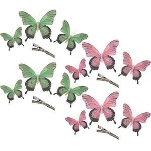 Othmar Decorations Decoratie vlinders op clip 12x stuks - groen/roze - 12/16/20 cm