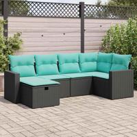 6-delige Loungeset met kussens poly rattan zwart