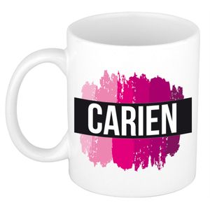 Naam cadeau mok / beker Carien  met roze verfstrepen 300 ml   -