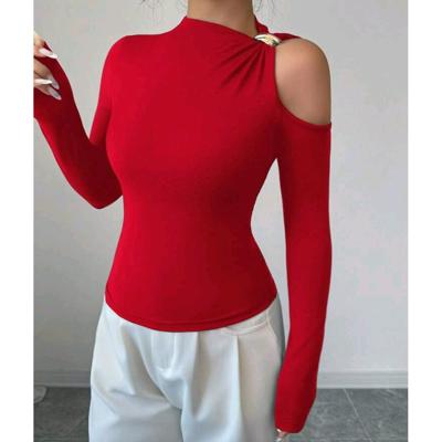 Bon&Bon Women's Red Off Shoulder Shirt - Sexy Cut Out Metal Decor Top XS(34)