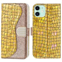 Croco Bling Series iPhone 13 Mini Portemonnee Hoesje - Goud