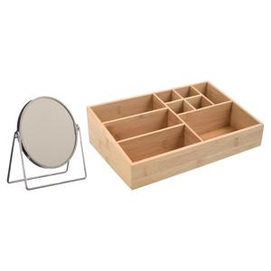 Make-up organizer 9 vaks en spiegel set - 33 x 21 cm - bamboe/metaal - bruin/zilver - 3x zoom