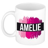 Naam cadeau mok / beker Amelie met roze verfstrepen 300 ml - thumbnail