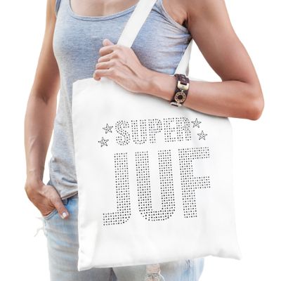 Glitter Super Juf katoenen tas wit rhinestones steentjes voor dames