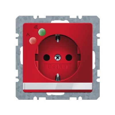 Berker Q.1 stopcontact met randaarde, overspanningsbeveiliging en tekstveld enkel rood