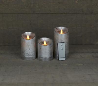 Batterijverlichting 3 stuks kaars wax rustiek bewegende vlam 7,5 x 10/12,5/15 cm zilver met afstandsbediening - Annas collection