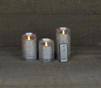 Batterijverlichting 3 stuks kaars wax rustiek bewegende vlam 7,5 x 10/12,5/15 cm zilver met afstandsbediening - Annas collection
