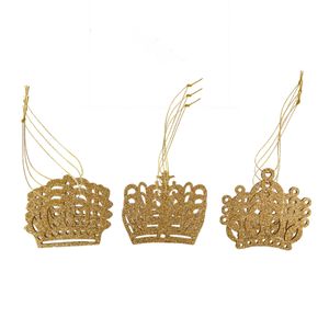 9x stuks kronen kersthangers glitter goud van hout 7 cm kerstornamenten