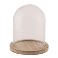 Glazen decoratie stolp op houten plateau - D10 x H16 cm - Home Deco stolpen - Woonaccessoires