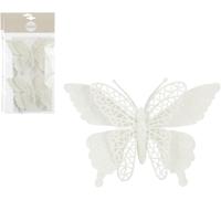 Kerstboomversiering Vlinder - 4x stuks - 16 cm - wit glitter - op clip