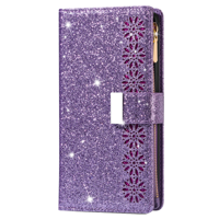 iPhone 16 Pro hoesje - Bookcase - Koord - Pasjeshouder - Portemonnee - Glitter - Bloemenpatroon - Kunstleer - Paars - thumbnail