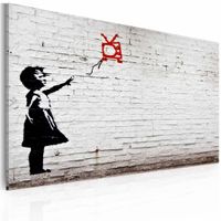 Schilderij - Banksy - Meisje met TV, Zwart-Wit, 40x60cm , wanddecoratie , premium print op canvas - thumbnail