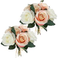 Atmosphera kunstbloemen 2 boeketten 7 roze/witte rozen 30 cm